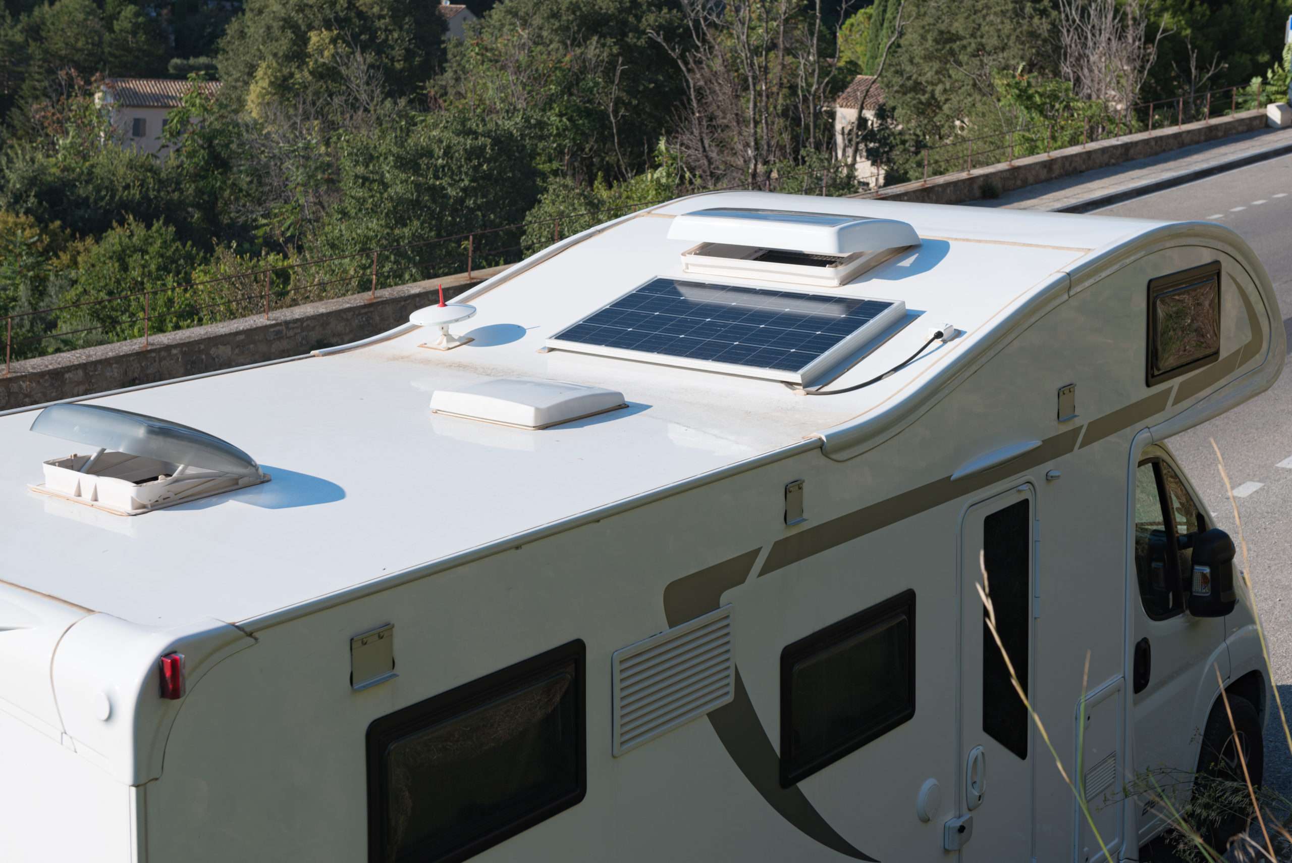 Top View of Motorhome Roof showing solar panels and ventilation