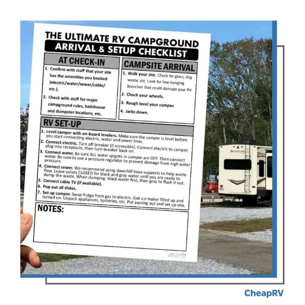 RV set up campsite cheatsheet