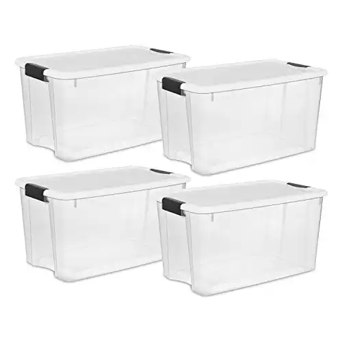 Sterilite 19889804 70 Quart/66 Liter Ultra Box Clear with a White Lid and Black Latches, 4-Containers
