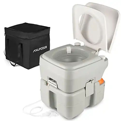 Alpcour Portable Toilet – Compact Indoor & Outdoor Commode w/Travel Bag for Camping, RV, Boat & More – Piston Pump Flush, 5.3 Gallon Waste Tank, Built-In Pour Spout & Washing Sprayer f...