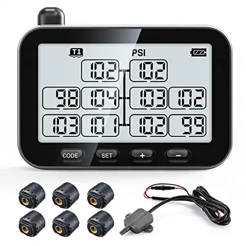 GUTA Trailer Tire Pressure Monitoring System, Trailer TPMS with 6 Sensors, 6 Alert Modes, Signal Booster, Power Saving Display, Long Sensing Distance, for 3 Trailers (T1/T2/T3), for RV, Trailer