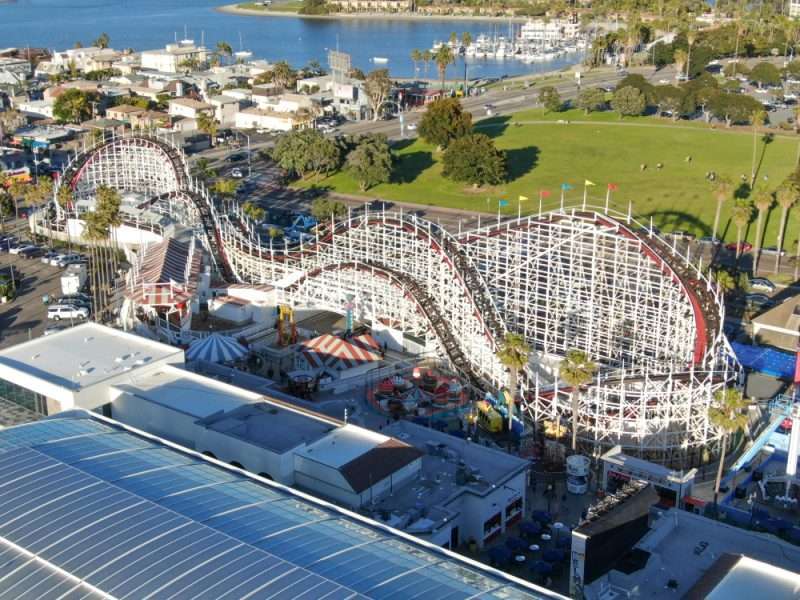 Aerial view of the iconic Giant Dipper roller coaster in Belmont Park