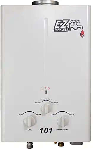 EZ 101 Tankless Water Heater - Propane (LPG) Gas - 2 GPM - Small - Portable - Point of use - Battery Powered Ignition - Camping - RV - Hunting