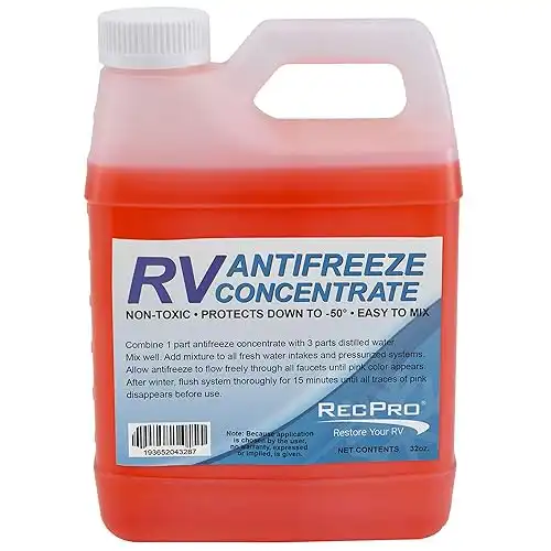 RecPro RV Antifreeze Concentrate Mixing Fluid for Winterizing Recreational Vehicles, -50 Degree Fahrenheit Protection, 32 Ounces