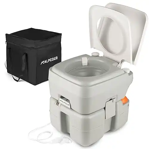 Alpcour Portable Toilet Compact Indoor & Outdoor Commode w/Travel Bag for Camping, RV, Boat & More Piston Pump Flush, 5.3 Gallon Waste Tank, Built-In Pour Spout & Washing Sprayer f...